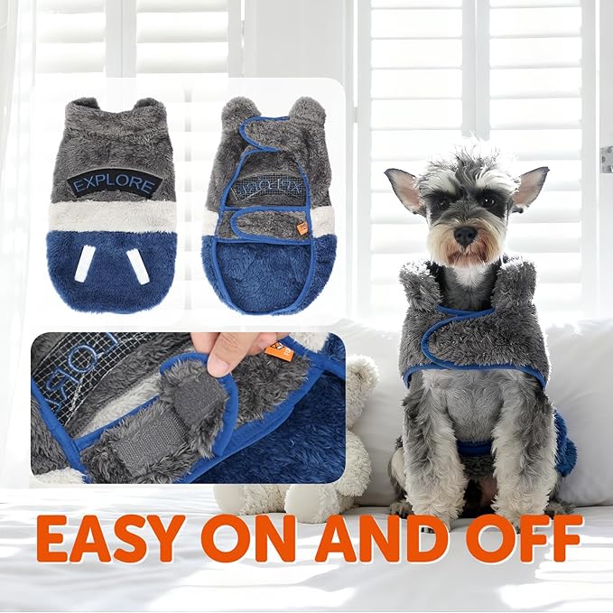 FOFOS Dog Winter Coat, Plush Dog Jacket with Leash Hole, Adjustable Warm Pet Snow Vest for Small Medium Dogs, Gray, M