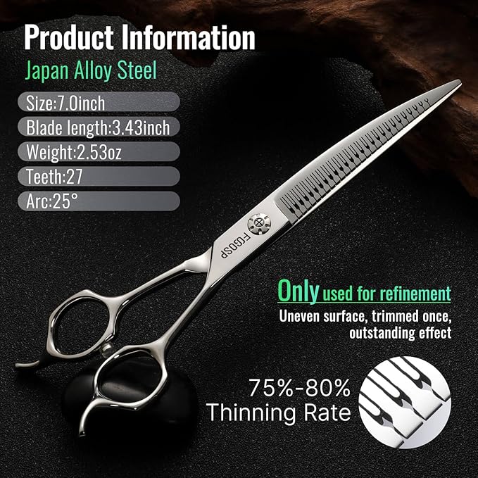 Magic Curved Natural Chunkers Dog Grooming Scissors Professional 7'' Pointy-tongued Curved Thinning Shears for Pet Cat Shih Tzu, Schnauzer 70% Thinning Rate Japan 440C 37 Teeth