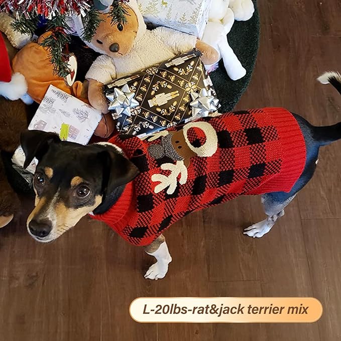 KYEESE Dog Christmas Sweater with Reindeer Pattern, Cozy Holiday Outfit, Turtleneck Dog Sweater for Small Dogs with Leash Hole, Red Buffalo Plaid Knitwear, Soft Warm Festival Dogs Clothes, Large