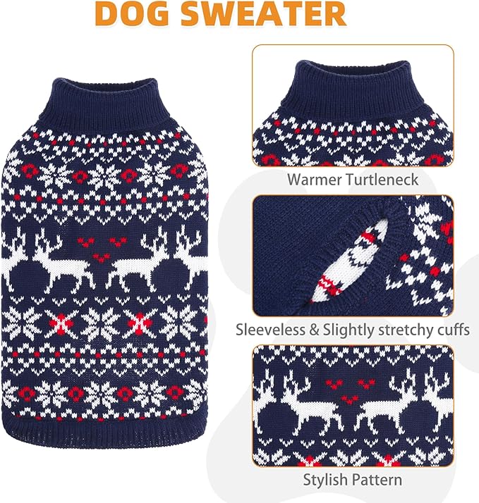 KOOLTAIL Christmas Dog Sweater, Cold Weather Pullover Classic Knitwear, Reindeer Snowflake Pattern Thick Warm Winter Pet Clothes, Cable Knit Sweaters for Small Medium Large Dogs Boy Girl, Navy Blue S