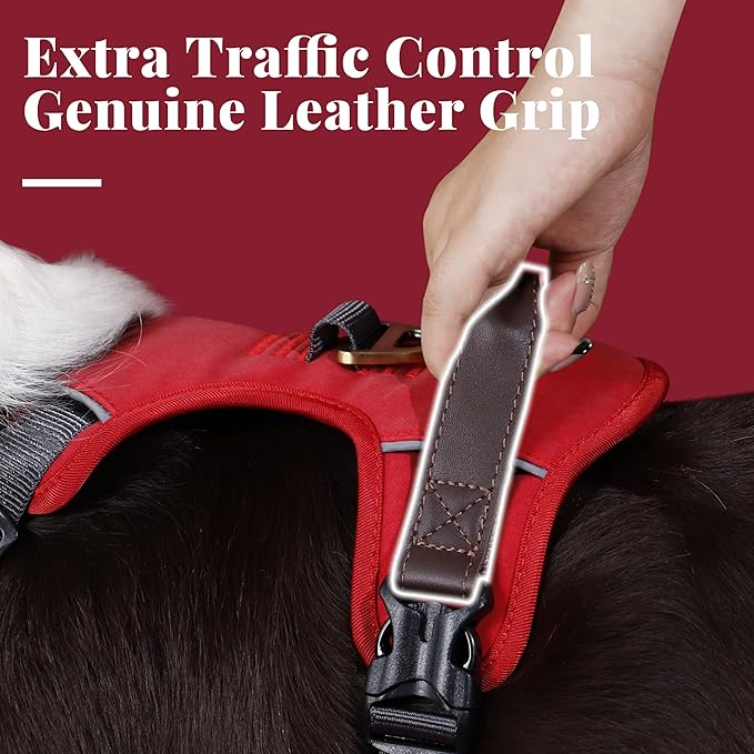 No Pull Dog Harness Medium Sized Dog,Stylish PU Leather Vest with Easy Control Handle,No Choke Front Clip with 2 Metal Leash Clips,Reflective & Adjustable for Walking,Red,Chest 27-33"