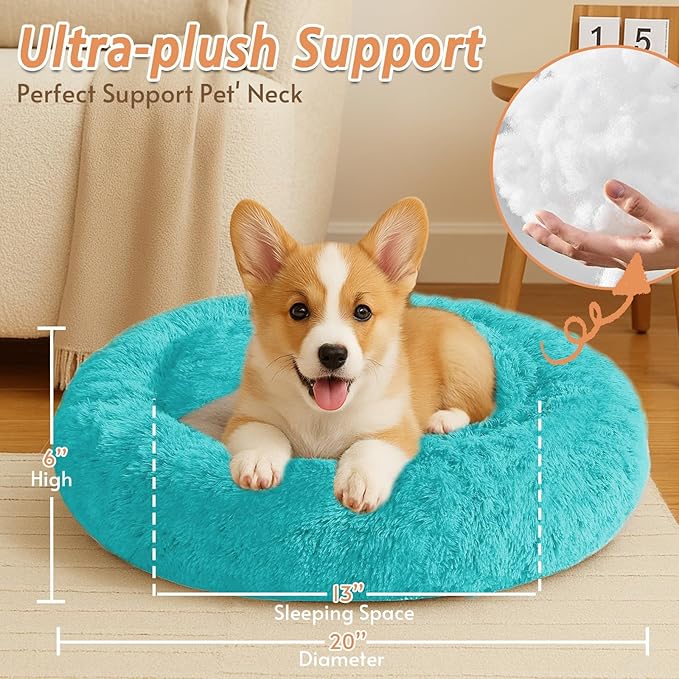 JOLLYVOGUE Small Dog & Cat Beds for Indoor Cats, Donut Cuddler Warming Soft Dog Beds with Anti-Slip Bottom, Round Calming Fluffy Plush Faux Fur Cushion Bed for Small Dogs (20", Aqua Blue)