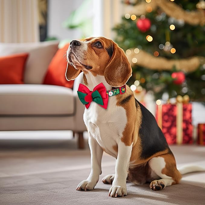 azuza Christmas Dog Collar Santa Print Xmas Pet Collar with Removable Red and Green Bowtie, Adjustable Dog Collar Accessories for Small Dogs