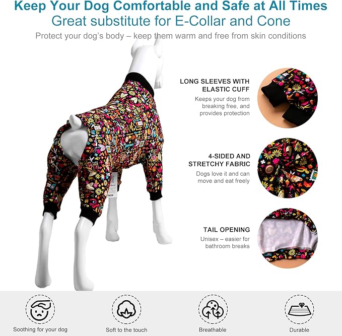 LovinPet Pet Pajamas for Pit Bulls, Full Coverage Dog Pjs with Black Trim, Decoupage Ink Print, Post Surgery Shirt, UV Protection, Pet Anxiety Relief Shirt, Large Dog Jammies, Pitbull Clothes, M