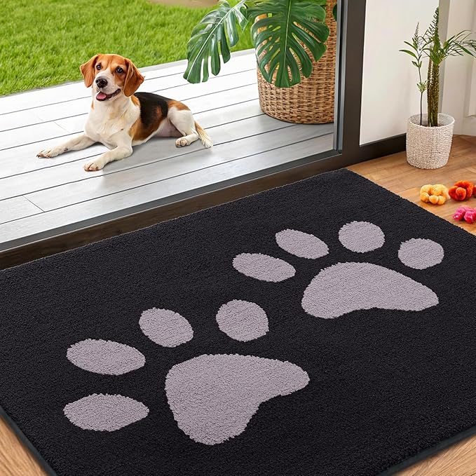 Smiry Dog Door Mat for Muddy Paws 40x32, Dirt Trapper Non Slip Washable Indoor Doormats, Absorbent Entryway Carpet for Inside Floor, Black and Grey
