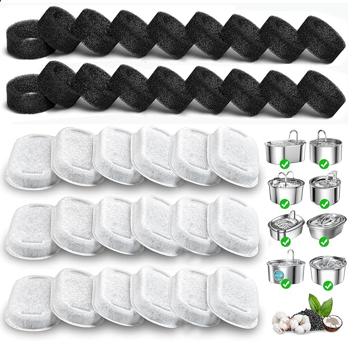 Cat Water Fountain Filters, 24 Pack Replacement Filters for 108oz/3.2L& 67oz/2L Stainless Steel Pet Dog Water Fountain