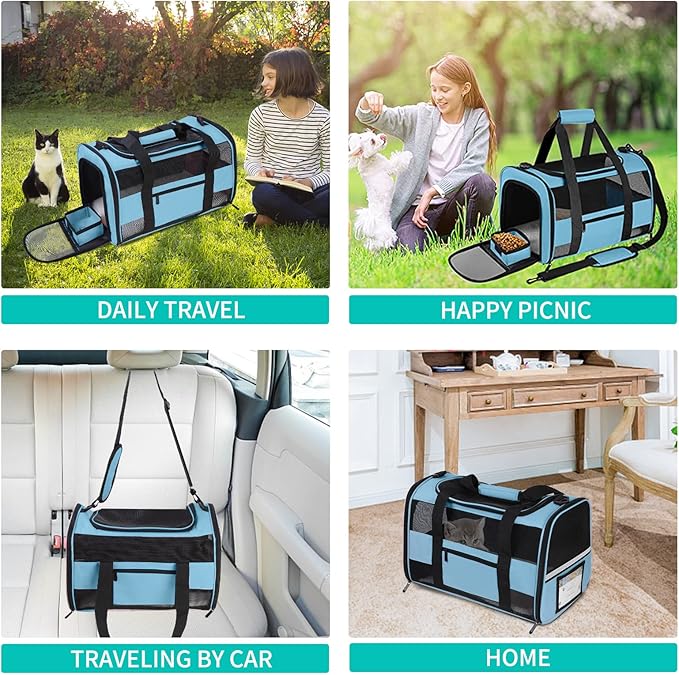 Large Cat Carrier Dog Carrier, Pet Carrier for 2 Cats Large Cats, Dog Carrier for Small Dogs, Collapsible Soft Sided Pet Carrier for Kitten Puppy Under 25 lbs, Blue