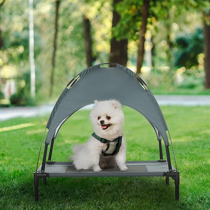 PawHut Elevated Portable Dog Cot Cooling Pet Bed With UV Protection Canopy Shade, 30 inch