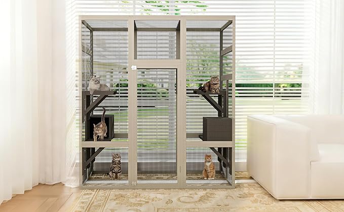 70-Inch Large Catio Enclosure, UV-Protected, Wooden Frame and Rust-Resistant Steel Mesh, Cat House with 2 Lounging Boxes and Platforms, for Patio or Backyard