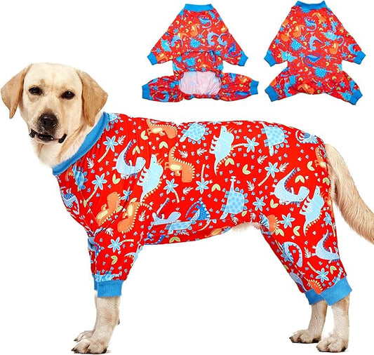 LovinPet Pitbull Dog Pajamas, Large Dog Onesies for Surgery Care, Lightweight Stretchy Knit Fabric, Dinosaur Jungle Red Print, Pet Clothes, UV Protection, Pet Anxiety Relief, PJ's for Dogs, L
