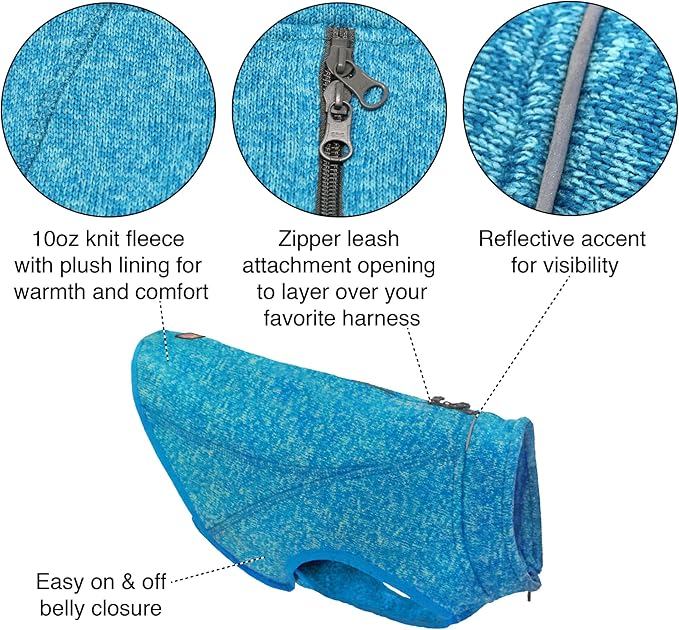 Kurgo Core Sweater - Cold Weather Dog Outfit - Cozy Knit Fleece Layer - Adjustable Neck Dogwear - Reflective Accents - Machine Washable Gear - Heather Blue - X-Large