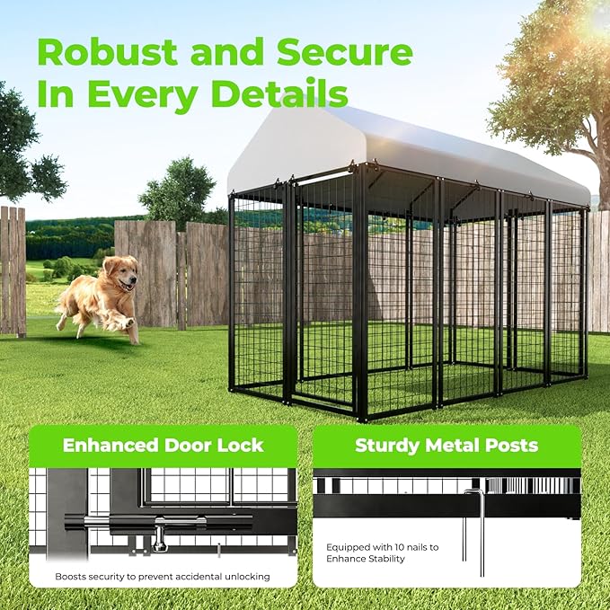 Dog Kennel Outdoor, 8x4x6 FT Heavy Duty Dog Pens Outside with Waterproof Roof, Metal Dog Run Fence with Galvanized Welded Wire Steel for Puppy Playpen
