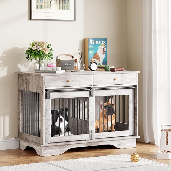 47" Dog Furniture Crate, Large Furniture Style Dog Crate for Large/Medium/Small Dogs (Retro Grey, One Cage)