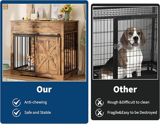 37.8" Dog Crate Furniture for Small Medium Dogs, 2-in-1 Iron-Wood Fusion Dog Cage Indoor As Side End Table, Farmhouse Dogs Kennel with Sliding Barn Doors & Drawer, Brown