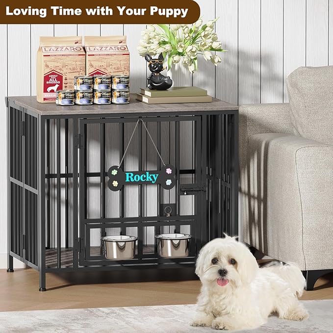 Easycom 27" Dog Crate Furniture Foldable, No Assembly Decorative Dog Kennel Indoor, Dog Crates for Small Dogs (Under 20 lb), Wooden Dog Cage with Adjustable Bowls and Name Tag, End Table, Oak Grey