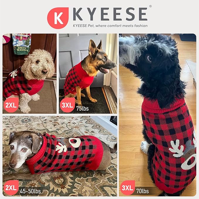 KYEESE Dog Christmas Sweater with Snowman Design, Large Dog Christmas Sweater, Cozy Holiday Outfit for Large Dogs, Red Buffalo Plaid Knitwear with Leash Hole, Soft Warm Pet Clothes, XXX-Large