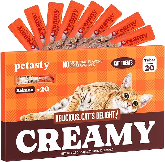 PETASTY Lickable Cat Treats, High Moisture Hydrating Creamy Puree Squeeze Tubes, Slamon Flavor, 20 Tubes 0.5oz, Grain-Free, Omega Oils & Vitamin E, Skin & Coat Health, Digestive and Immune Support