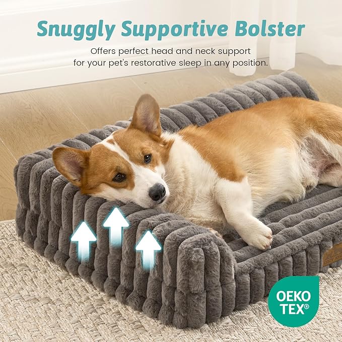 Cute Dog Bed, Faux Fur Orthopedic Foam Dog Bed with Sides, Removable Washable Cover & Waterproof Lining, Comfortable Pet Couch for Medium Dogs, Grey (36" L x 27" W x 6.5" Th)