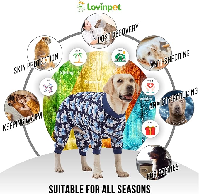 LovinPet Big Dog Pajamas, Post Surgery Onesie UV Protection, Blue Triangle Print, Lightweight Stretchy Big Dogs Pullover Shirt, Full Coverage Large Breed Dog Jammies, Pet PJ's/Large
