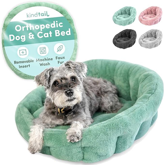 KindTail Small Orthopedic Dog and Cat Bed - Faux Fur Luxury Cuddler for Pets Under 15 lbs, Comfortable Waterproof Material with Nylon Base - 20" x 14" x 10" (Light Green, Small)