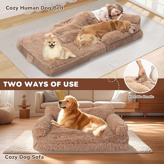 Foldable Human Dog Bed for Adults, Fluffy Human Sized with Blanket, Orthopedic Washable Dog Bed with Memory Foam and Water Repellent Liner Large for Pet (Brown, Family Size (79*44*12 inch))