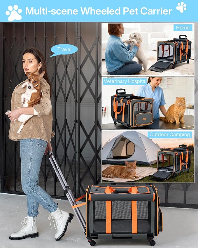 MILADA Extra Large Cat Carrier with Wheels for Big Cats & Small Dogs Soft Sided Rolling Pet Carrier Detachable XL Cat Stroller for Travel, Hiking, Vet & Hospital Use, Orange