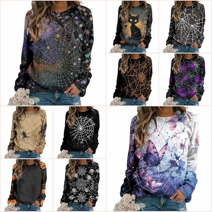MARSVOVO Fall Sweatshirt for Women Novelty Spider Web Shirt Dressy Casual Crewneck Tunic Tops Spring Graphic Pullover