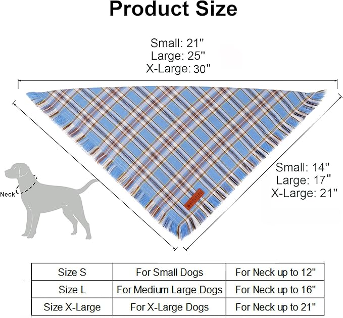 ADOGGYGO Dog Bandanas Boy with Tassels Edges, Stylish Blue Plaid Pet Scarf, Soft Cotton Fabric, Adjustable Reversible Plaid Bandanas for Medium Large Dogs (Large)