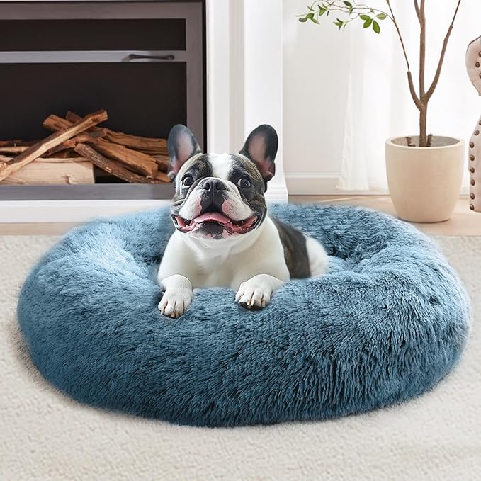 JOLLYVOGUE Small Dog & Cat Beds for Indoor Cats, Donut Cuddler Warming Soft Dog Beds with Anti-Slip Bottom, Round Calming Fluffy Plush Faux Fur Cushion Bed for Large Dogs (36", Blue)