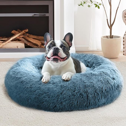 JOLLYVOGUE Small Dog & Cat Beds for Indoor Cats, Donut Cuddler Warming Soft Dog Beds with Anti-Slip Bottom, Round Calming Fluffy Plush Faux Fur Cushion Bed for Large Dogs (36", Blue)