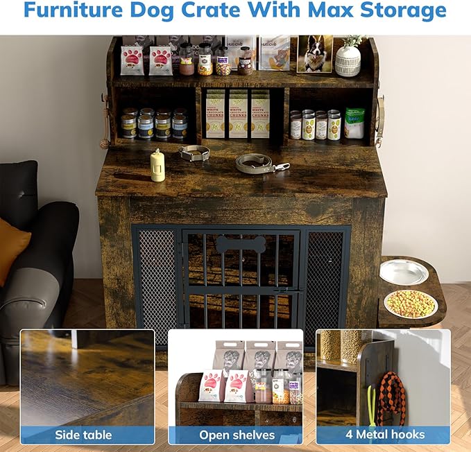 Petrova Dog Crate Furniture, 34inch Wooden Dog Kennel Indoor for Small Dogs, Heavy Duty Dog Cage with 2 Stainless Steel Food Bowls, Led Light, 4 Hooks, Hidden Decorative Pet Cage