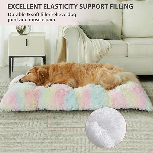 BFPETHOME Dog Beds for Large Dogs, Plush Dog Crate Bed Fluffy Cozy Kennel Pad for Sleeping &Ease Anxiety, Washable Pet Mats with Anti-Slip Bottom for Large Medium Dogs, Pet Bed, Rainbow