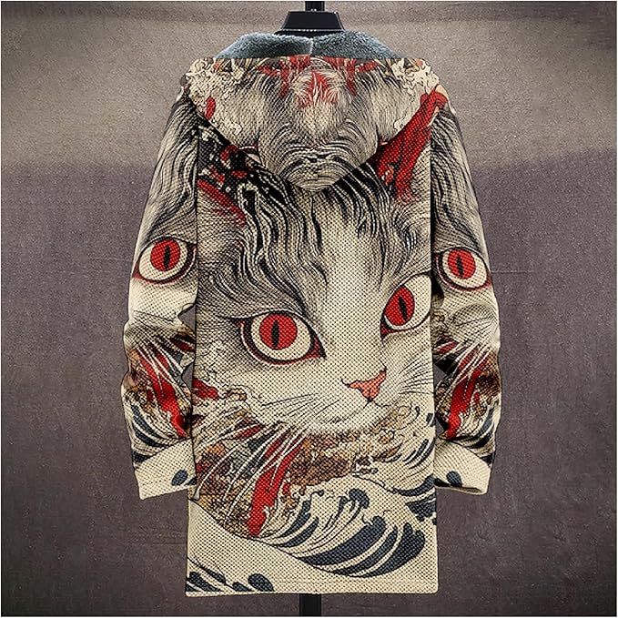 MARSVOVO Cool Hippie Long Cardigan Hoodies for Men Zipper Fleece Lined Knit Coat Skull Animal Print Graphic Jackets