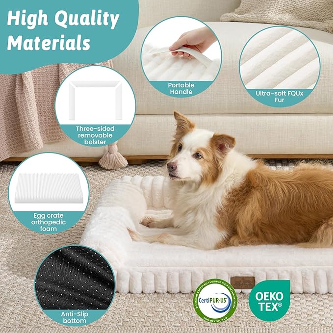 Cute Dog Bed for Large Dogs, Faux Fur Orthopedic Foam Dog Bed with Sides, Removable Washable Cover & Waterproof Lining, Comfortable Pet Couch, Cream (44" L x 32" W x 7" Th)