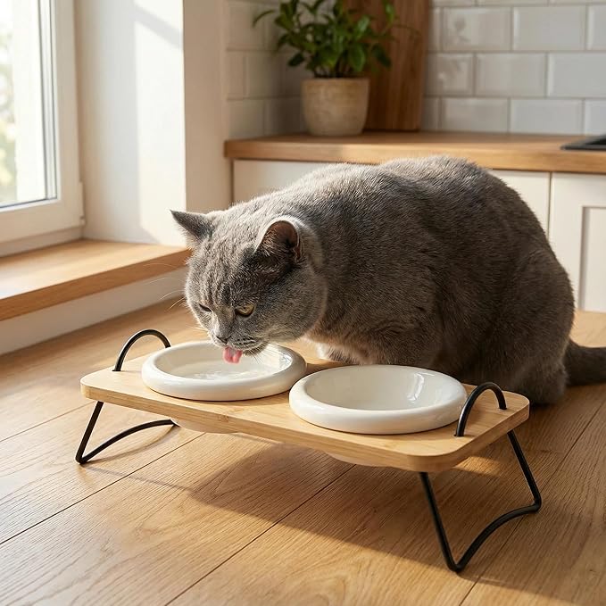 Raised Cat Ceramic Bowls with Wood Stand Kitty Elevated Bowls for Food and Water with Tilted Design Anti-Vomiting, Pet Bowl Set with Stainless Steel Base for Cats and Puppy by TDTOK ﻿