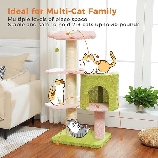 Flower 50-Inch Heavy-Duty Cat Tree for Large Cats - Sturdy Cat Tower with Extra-Thick Scratching Posts (φ4.3), Spacious Condo, 2-Layer Baseboard for Maine Coon & Big Cats up to 16 lbs, Pink