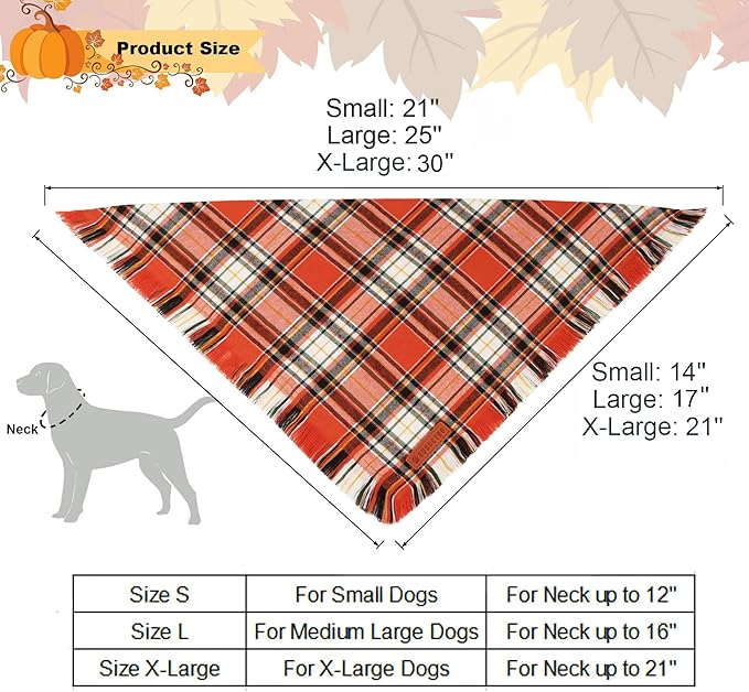 ADOGGYGO Fall Dog Bandana with Tassels Edges, Stylish Orange Plaid Pet Scarf, Multiple Size, Thanksgiving Halloween Fall Bandanas for Extra Large Dogs (X-Large)