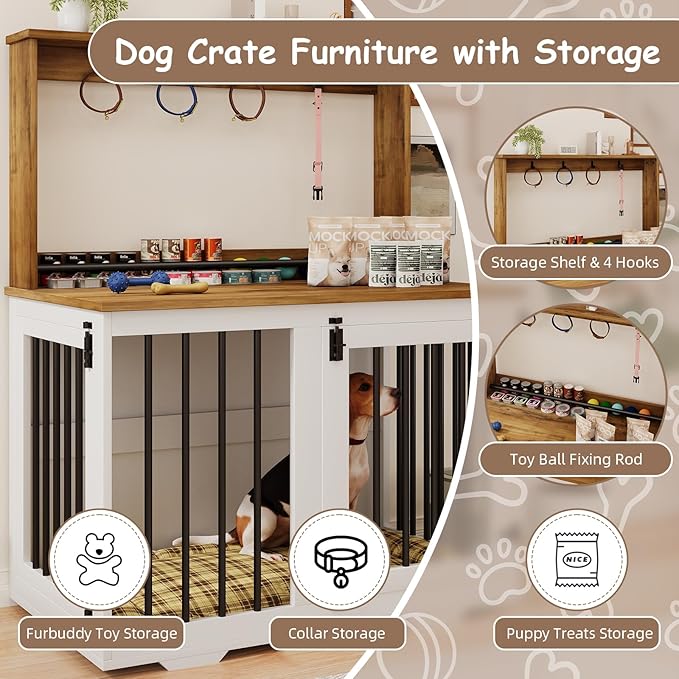 Dog Crate Furniture, Wooden Dog Crates for Small Dogs, Dog Kennel Indoor with Storage Shelf, 4 Hooks, Heavy Duty Dog Crate for Small/Medium Dogs, White