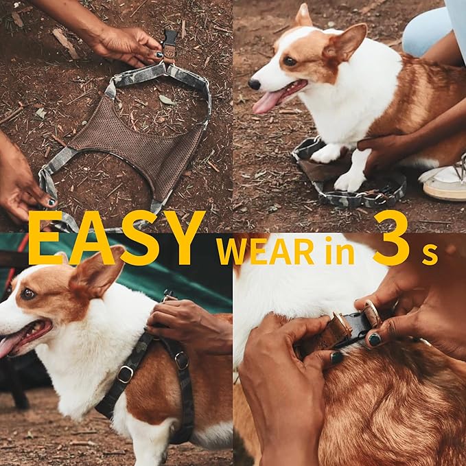 Puppytie Dog Harness & Multi-Function Leash Set for Medium Dogs - Camouflage Brown-L, No Pull Function, Soft Dog Vest Design