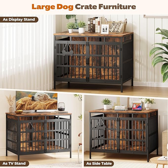 47 Inch Dog Crate Furniture, Heavy Duty Dog Kennel for Small Medium Large Dogs, Double Doors Indoor Decor Pet House Cage, Anti Escape Wooden Dog Cage with Name Tag End Table, TV Stand, Brown