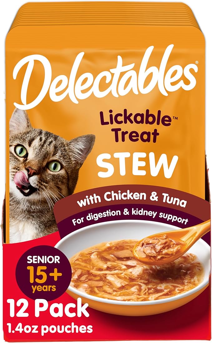 Delectables Lickable Treat Stew Senior 15+ Wet Cat Treat with Real Chicken & Tuna, Food Topper, Hydrating, Grain-Free, No Fillers, No By-Products, No Added Preservatives, 1.4oz Pouch, 12ct