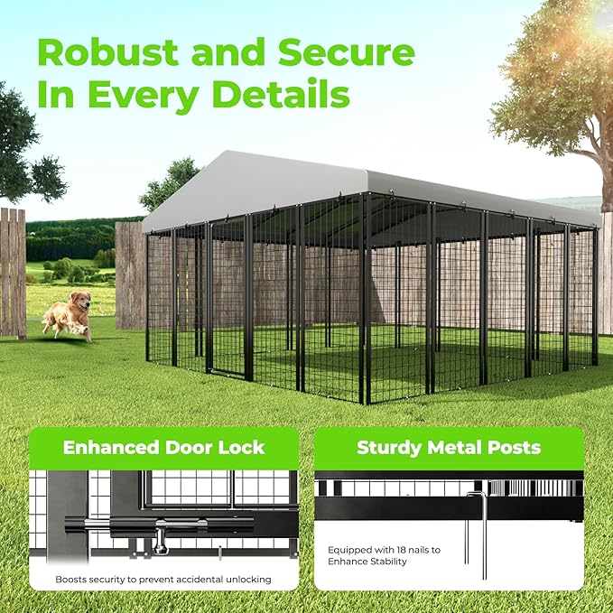 Dog Kennel Outdoor, 10x10 FT Heavy Duty Dog Pens Outside with Waterproof Roof, Metal Dog Run Fence with Galvanized Welded Wire Steel for Puppy Playpen