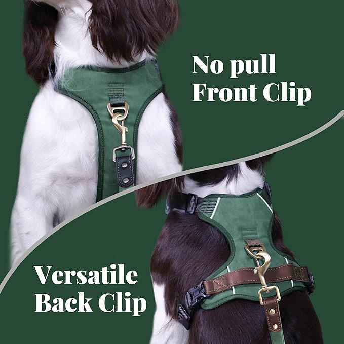 No Pull Dog Harness Medium Sized Dog,Stylish PU Leather Vest with Easy Control Handle,No Choke Front Clip with 2 Metal Leash Clips,Reflective & Adjustable for Walking,Green,Chest 27-33"
