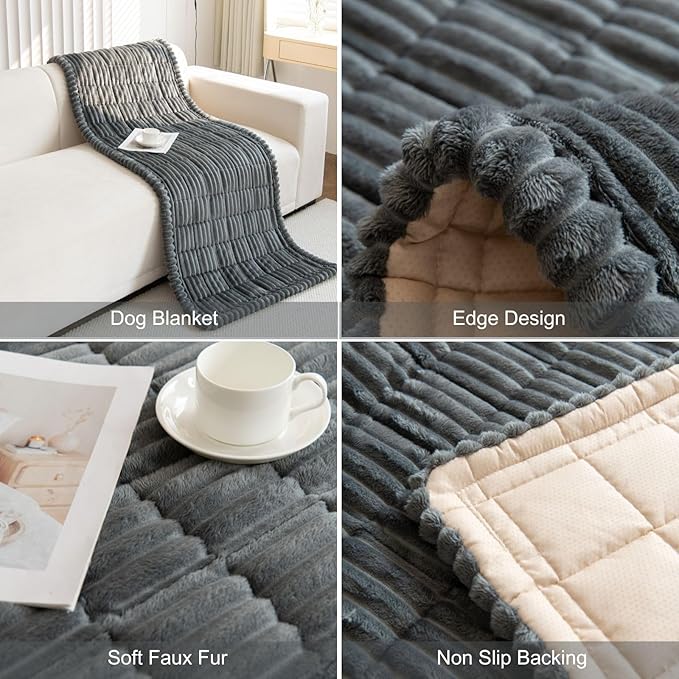 Faux Fur Plush Dog Couch Cover 3D Stripe Fuzzy Sofa Cover Non-Slip Fluffy Dog Bed Cover Pet Blanket Sofa Couch Furniture Protector for Puppy Large Dog Cat (Dark Grey,24"x59")