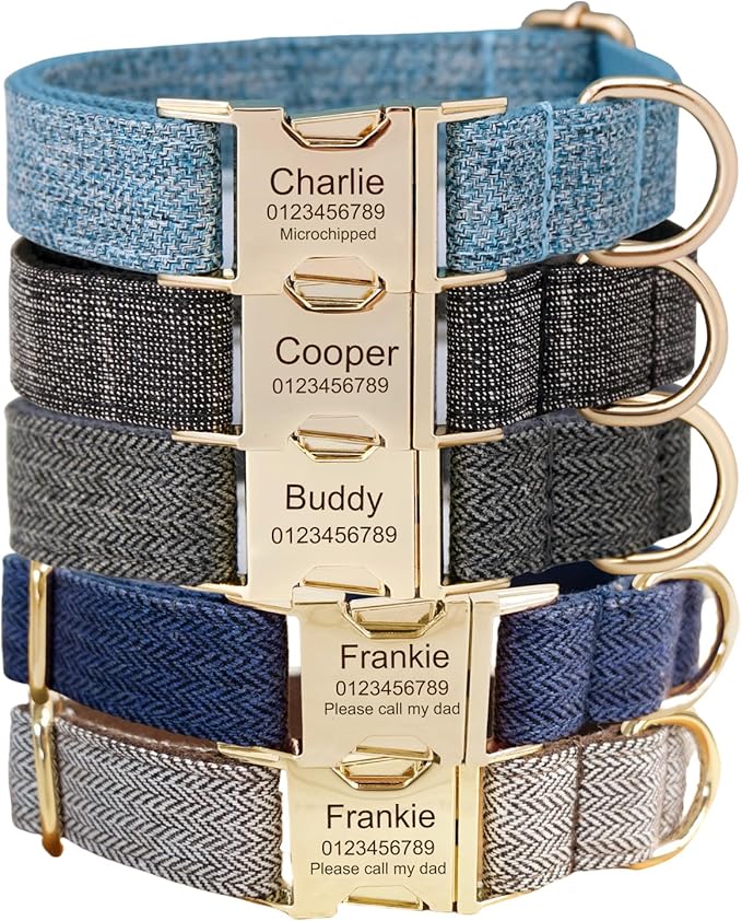 Custom Engraved Dog Collar with Name and Phone Number, Personalized for Small, Medium, and Large Dogs (Tweed)