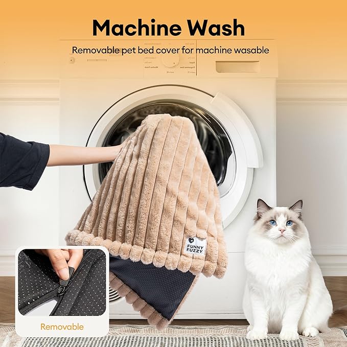 FUNNY FUZZY Self Warming Cat Bed, Waterproof Corduroy Fleece Warm Self Heating Pad for Cats & Dogs, Non-Skid Thermal Pet Mat Indoor with Removable Washable Cover - ThermoPad, 25.5"×17.7", Khaki