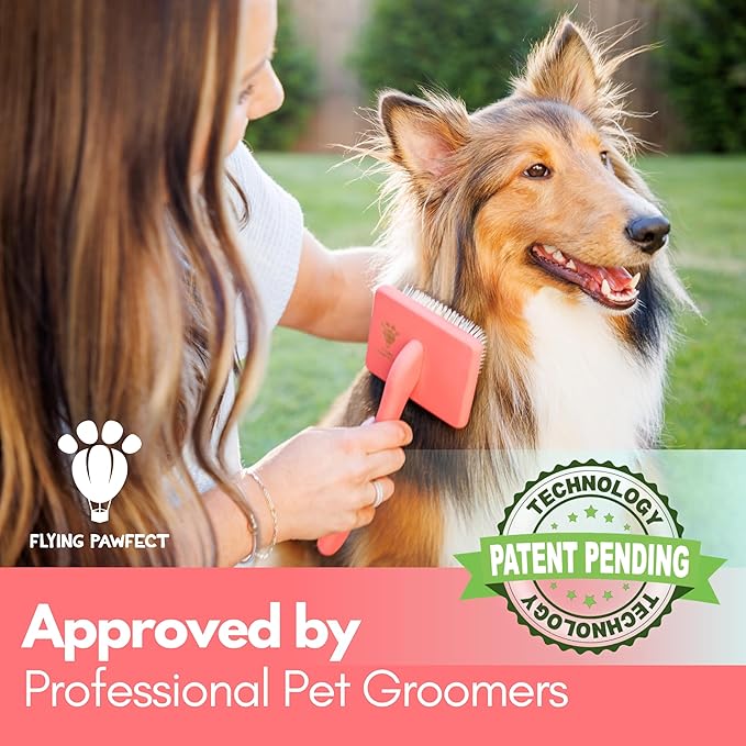 Dog Slicker Brush for Grooming Pet Hair - Best Slicker For Poodle & Golden Doodle - Long Haired Tool For Dogs - Goldendoodle Long Pin Brush For Dematting (Coral, Flat Large)