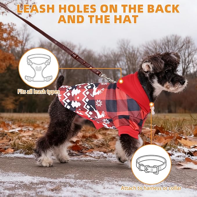 KOOLTAIL Christmas Dog Hoodie, Red Plaid Pet Sweater, Hat Hooded Sweatshirt Dog Clothes for Small Medium Large Dogs Cats, Soft Warm Winter Cold Weather Coat with Leash Hole&Pocket,Reindeer Snowflake,S