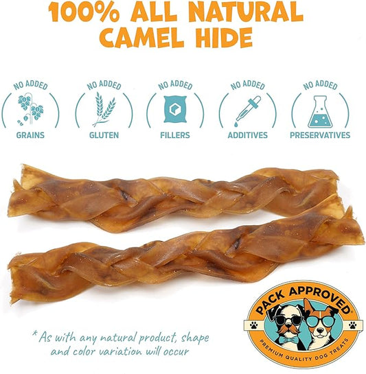 6" Braided Camel Sticks - Long Lasting Dog Chews for Aggressive Chewers - Rawhide Alternative, Grain Free, One Ingredient Treats - Great for Dog Dental Care - (10 Pack)