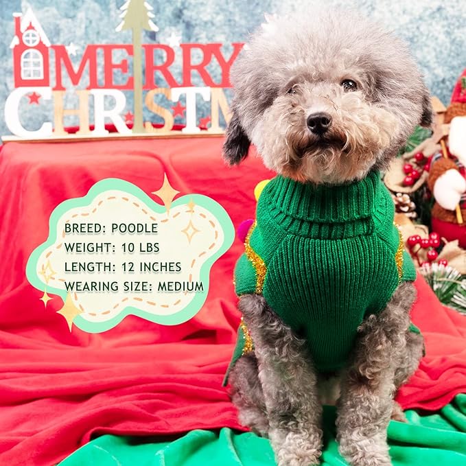 cyeollo Dog Christmas Sweater, Pullover Turtleneck Xmas Sweaters with Leash Hole Glitter Holiday Puppy Clothes for Small Dogs Cats
